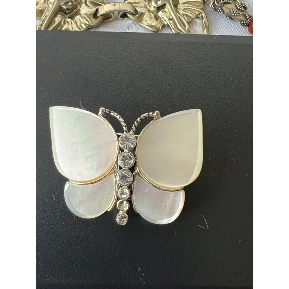 Monet Mother of Pearl Butterfly Brooch Pin Crystal Rhinestones Vintage EUC